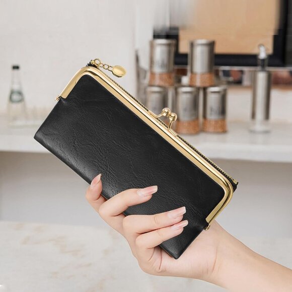 Elegant Vintage Women's Bifold Wallet with Kiss-Lock – Compact Black Clutch - Picture 2 of 8